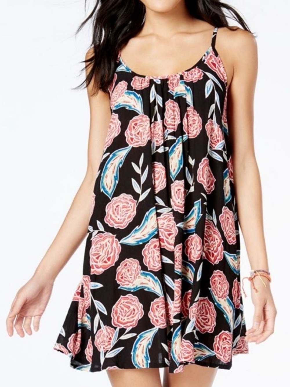 Roxy Womens Floral Spaghetti Strap Swing Dress Size M Black Pink Beach Cover Up